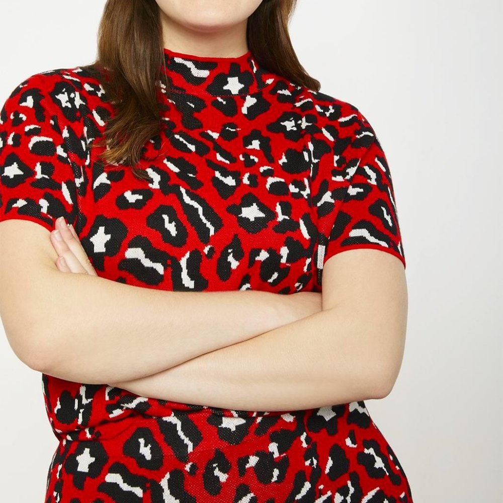 Eloquii Red Leopard Intarsia Short Sleeve Sweater